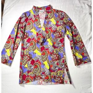Jude Connally Top Womens Small Red Purple Paisley 3/4 Sleeve Mini Dress Casual